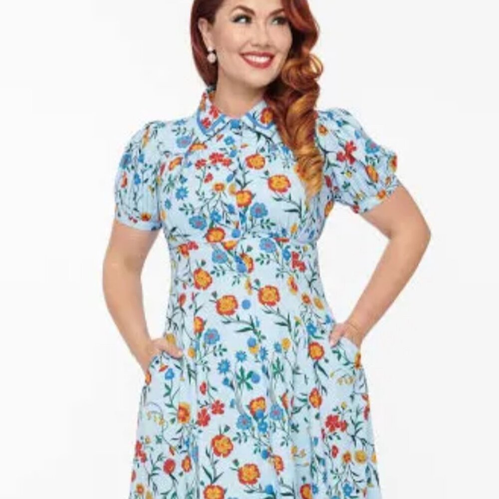 Unique Vintage Light Blue Floral Midi Dress